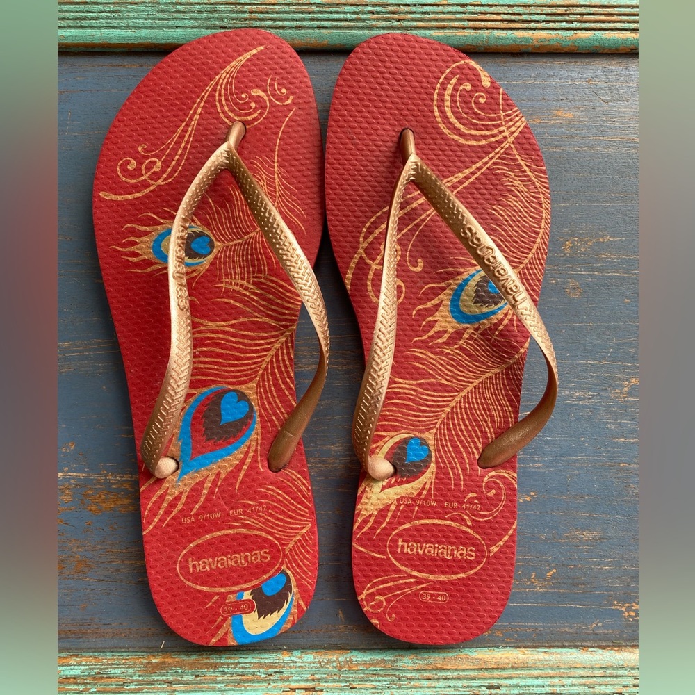 Havaianas Red Flip Flops with Gold Straps and Blue Peacock Accents
